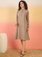 InWeave Light Brown Kantha Mandarin Button Dress | Grocsy