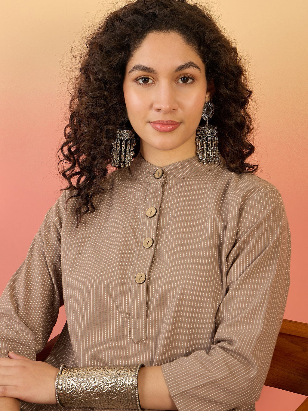 InWeave Light Brown Kantha Mandarin Button Dress | Grocsy