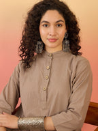 InWeave Light Brown Kantha Mandarin Button Dress | Grocsy