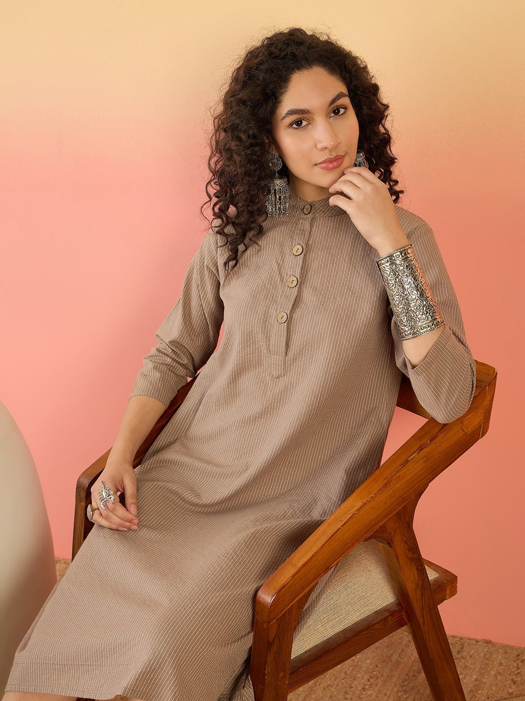 InWeave Light Brown Kantha Mandarin Button Dress | Grocsy