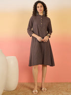InWeave Dark Brown Kantha Mandarin Button Dress | Grocsy