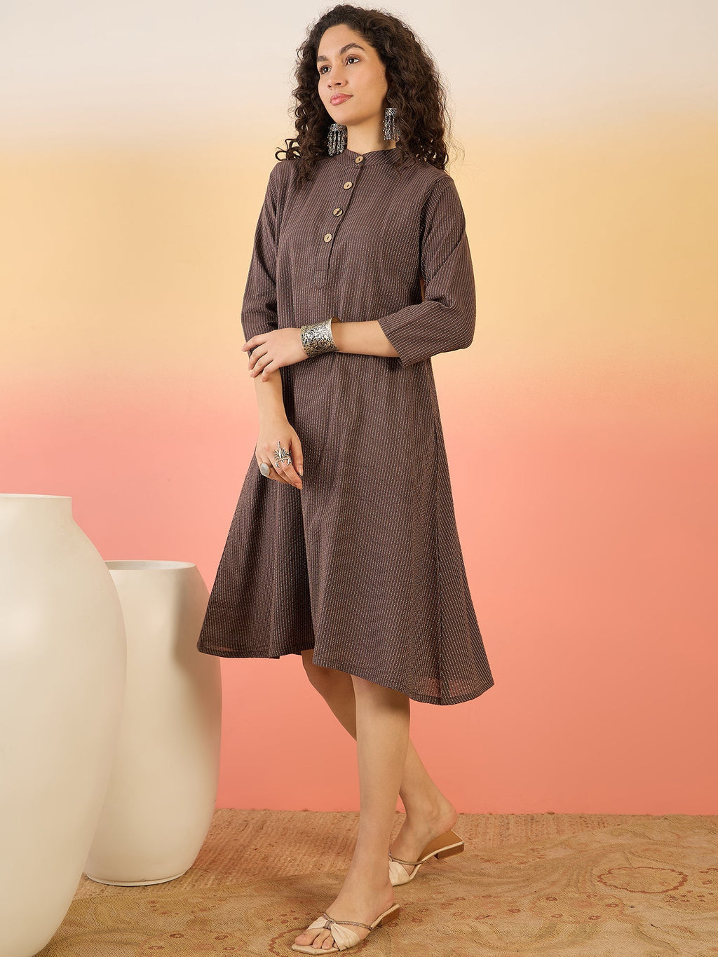 InWeave Dark Brown Kantha Mandarin Button Dress | Grocsy