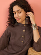InWeave Dark Brown Kantha Mandarin Button Dress | Grocsy