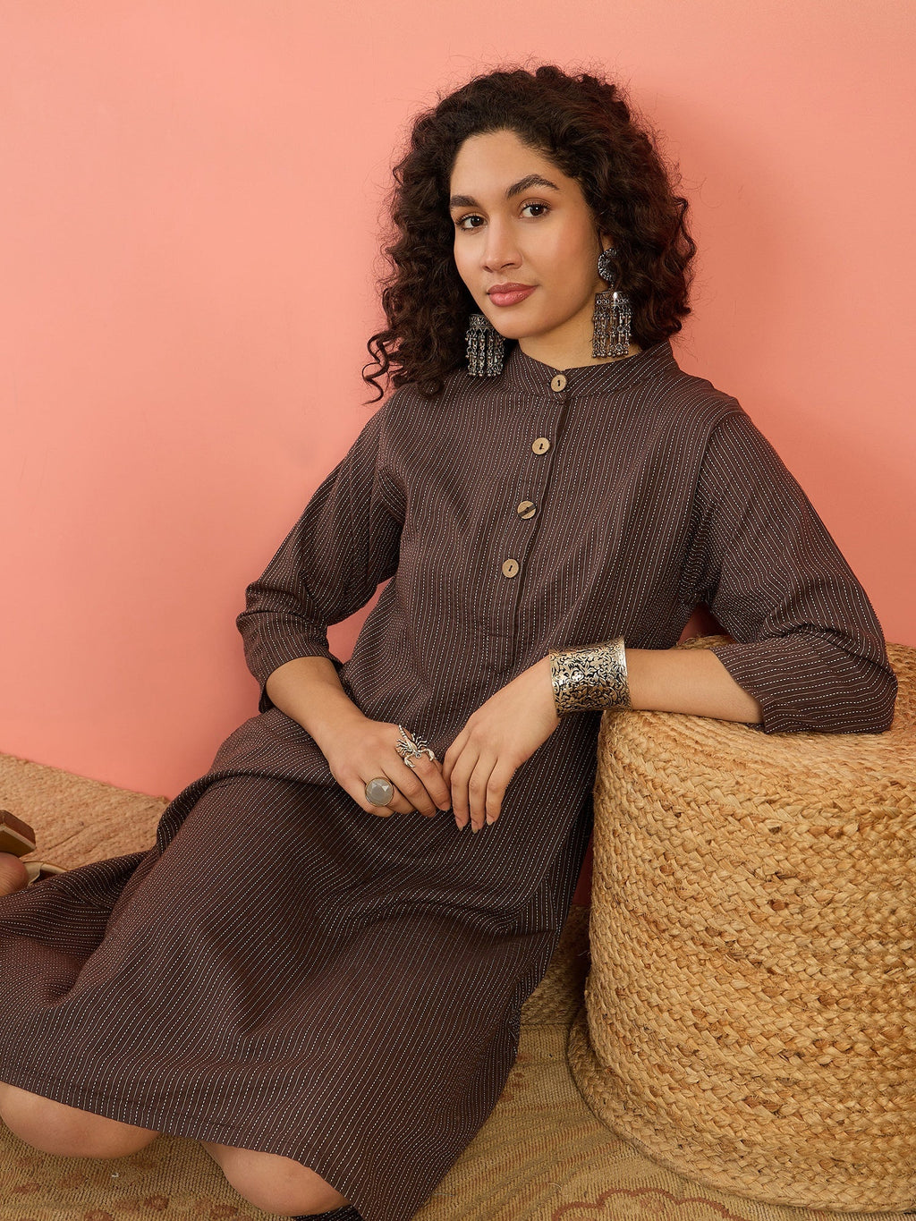 InWeave Dark Brown Kantha Mandarin Button Dress | Grocsy