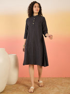 InWeave Black Kantha Mandarin Button Dress | Grocsy