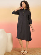 InWeave Black Kantha Mandarin Button Dress | Grocsy