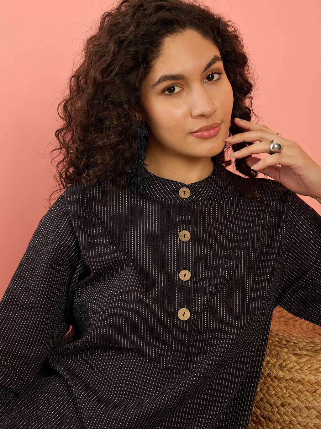 InWeave Black Kantha Mandarin Button Dress | Grocsy