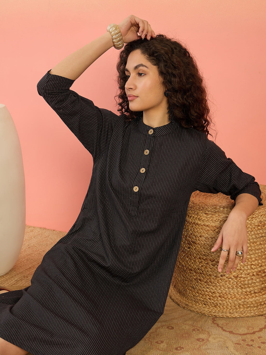 InWeave Black Kantha Mandarin Button Dress | Grocsy