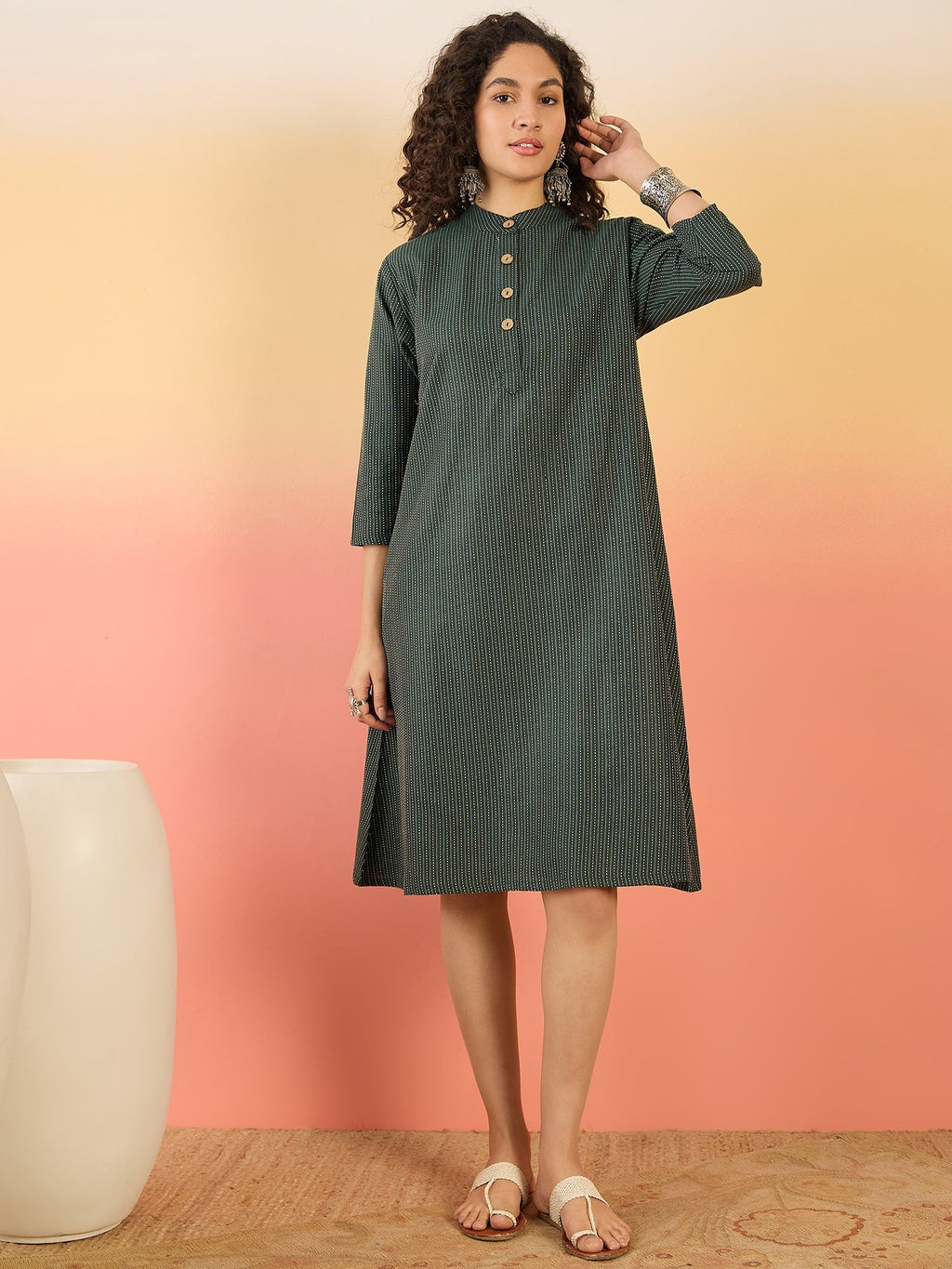 InWeave Dark Green Kantha Mandarin Button Dress | Grocsy