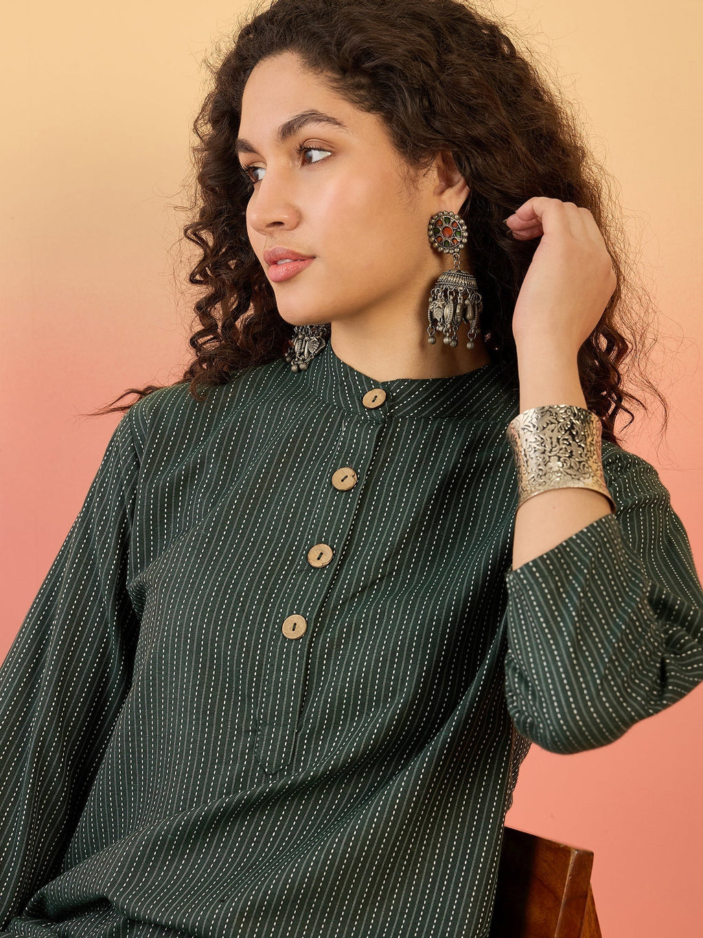 InWeave Dark Green Kantha Mandarin Button Dress | Grocsy