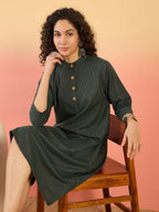 InWeave Dark Green Kantha Mandarin Button Dress | Grocsy