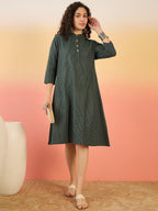 InWeave Dark Green Kantha Mandarin Button Dress | Grocsy
