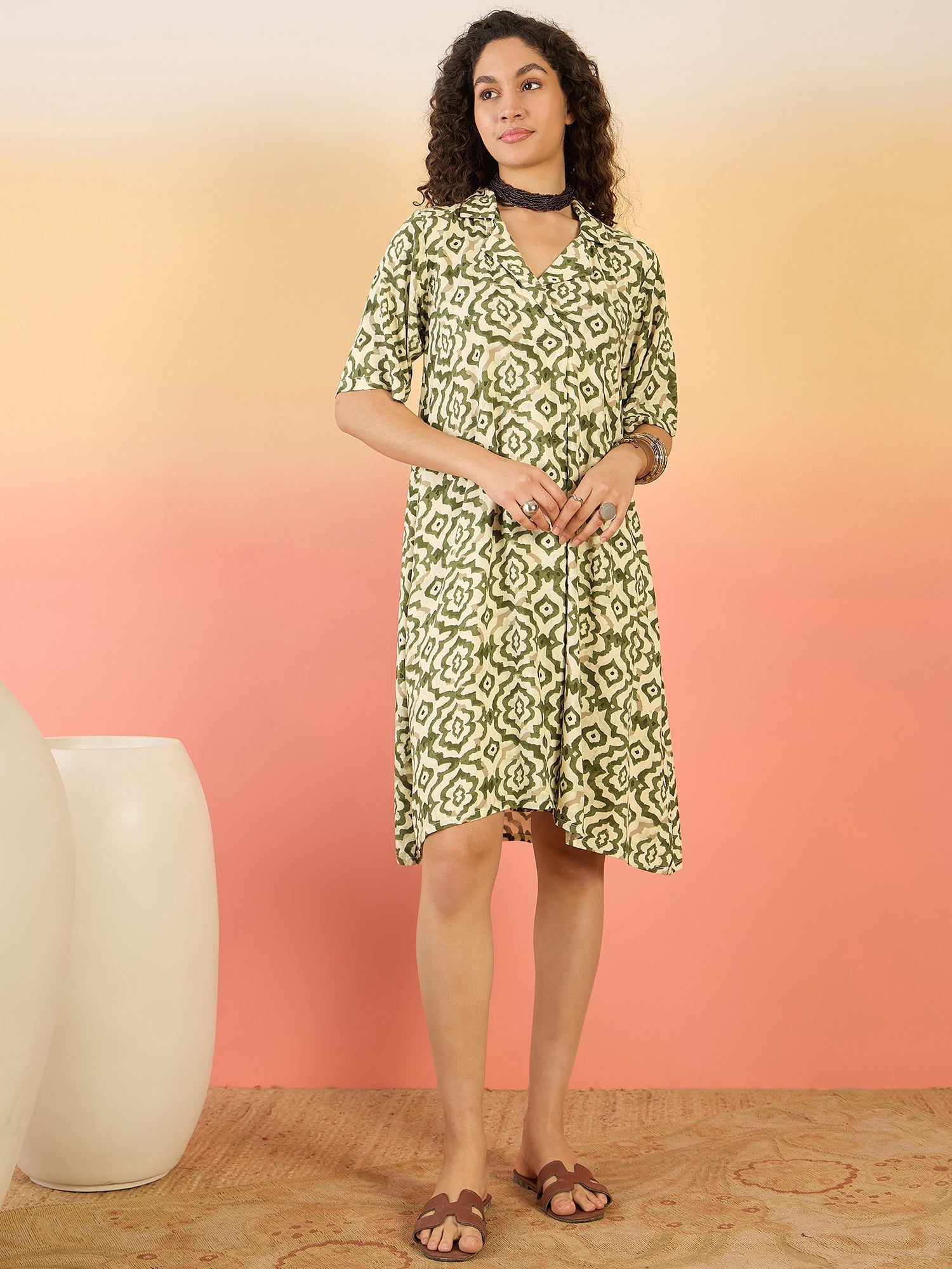 InWeave Mehandi Green Moroccan Collar Dress | Grocsy
