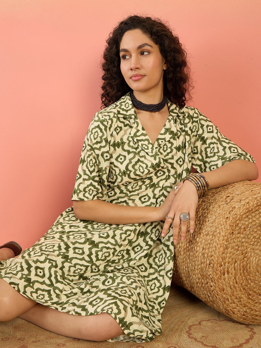 InWeave Mehandi Green Moroccan Collar Dress | Grocsy