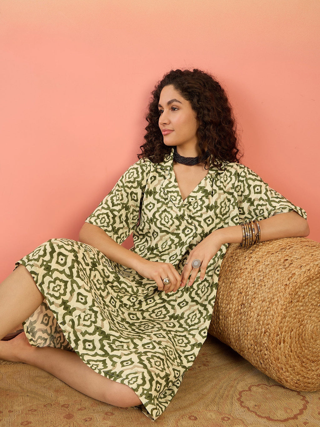 InWeave Mehandi Green Moroccan Collar Dress | Grocsy