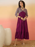 InWeave Wine Ogee Foil V Neck Teared Dress | Grocsy