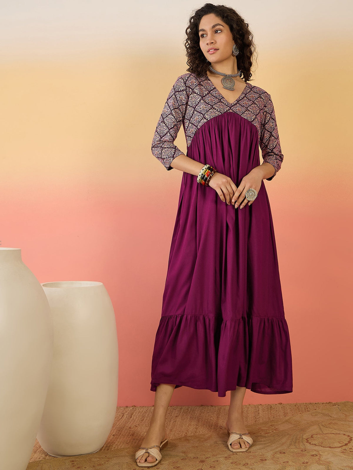 InWeave Wine Ogee Foil V Neck Teared Dress | Grocsy