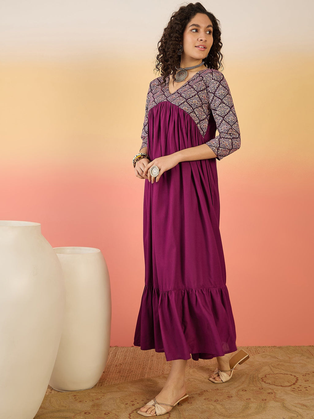 InWeave Wine Ogee Foil V Neck Teared Dress | Grocsy
