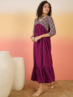 InWeave Wine Ogee Foil V Neck Teared Dress | Grocsy