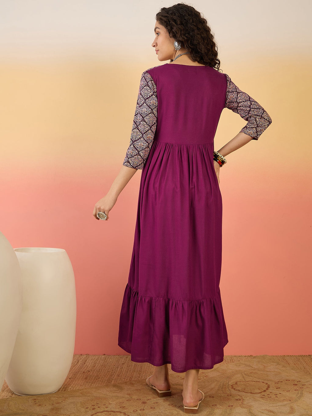 InWeave Wine Ogee Foil V Neck Teared Dress | Grocsy