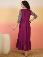 InWeave Wine Ogee Foil V Neck Teared Dress | Grocsy