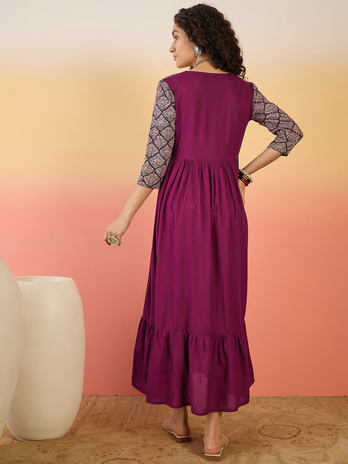 InWeave Wine Ogee Foil V Neck Teared Dress | Grocsy