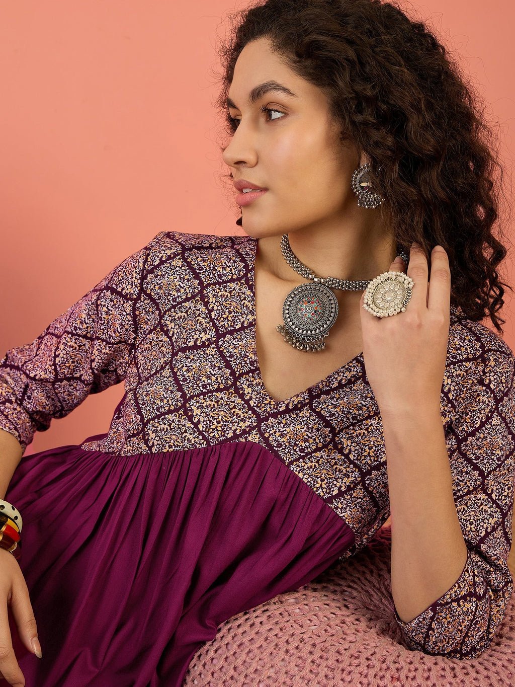 InWeave Wine Ogee Foil V Neck Teared Dress | Grocsy