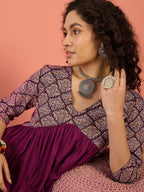 InWeave Wine Ogee Foil V Neck Teared Dress | Grocsy