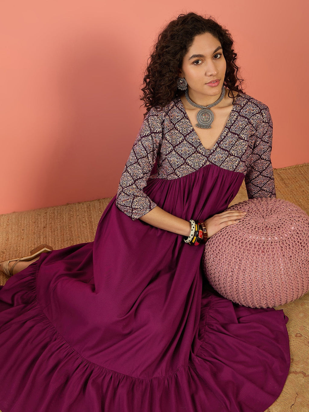 InWeave Wine Ogee Foil V Neck Teared Dress | Grocsy
