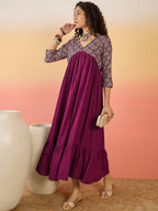 InWeave Wine Ogee Foil V Neck Teared Dress | Grocsy