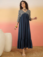 InWeave Navy Ogee Foil V Neck Teared Dress | Grocsy