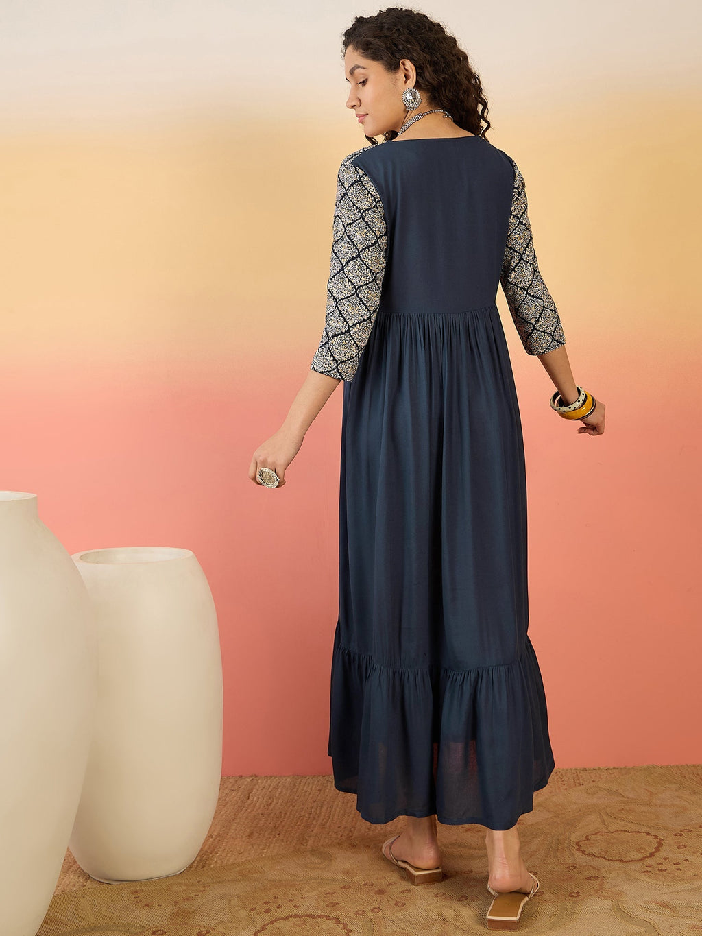 InWeave Navy Ogee Foil V Neck Teared Dress | Grocsy