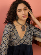 InWeave Navy Ogee Foil V Neck Teared Dress | Grocsy