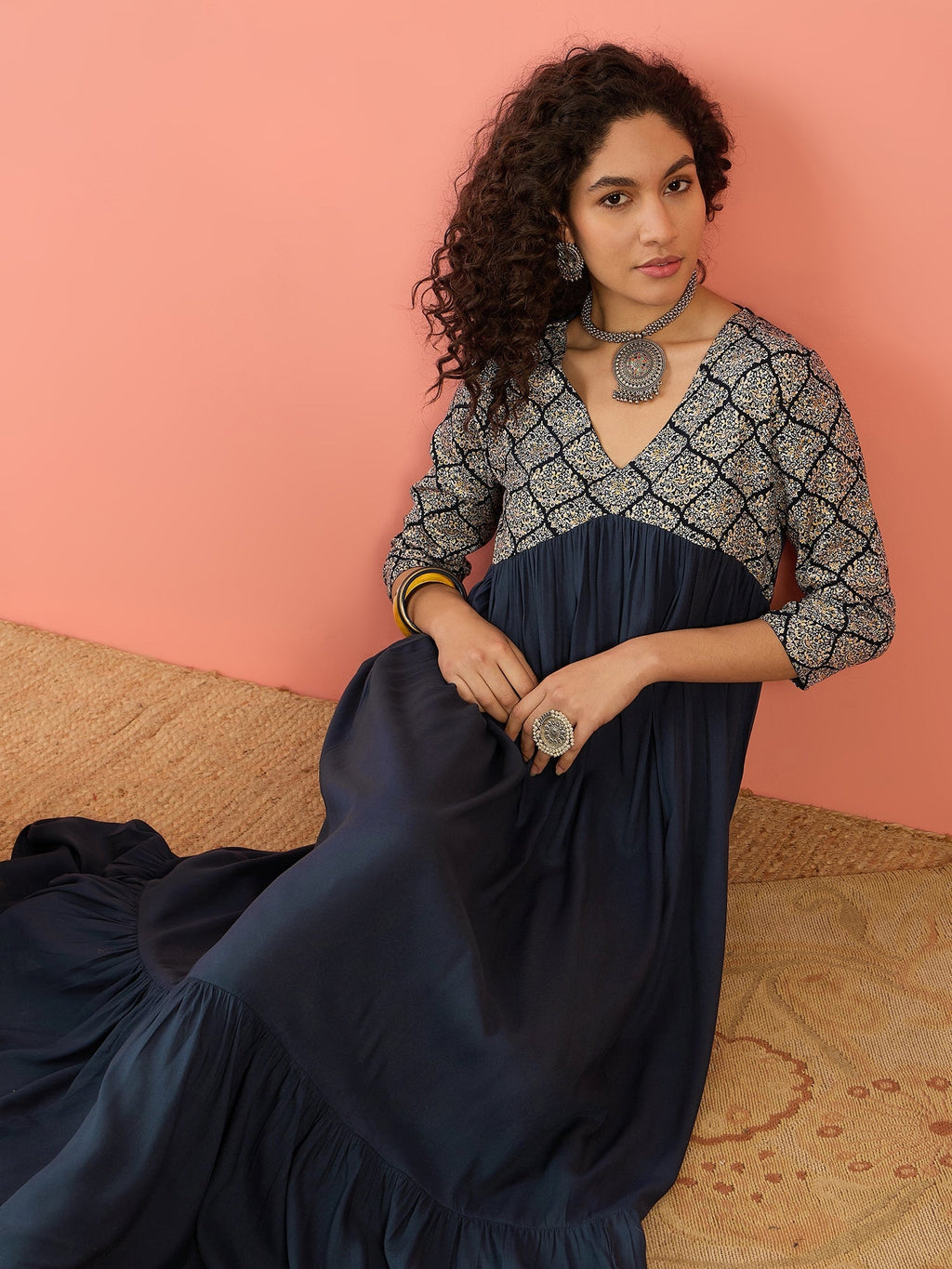 InWeave Navy Ogee Foil V Neck Teared Dress | Grocsy