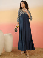 InWeave Navy Ogee Foil V Neck Teared Dress | Grocsy