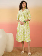 InWeave Green White Rubber Print Flared Dress | Grocsy