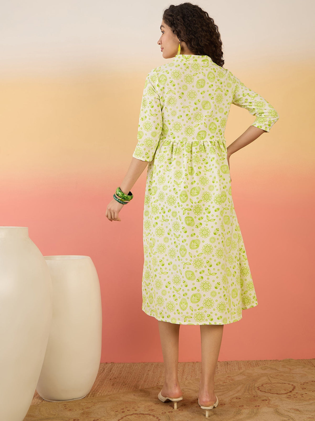 InWeave Green White Rubber Print Flared Dress | Grocsy