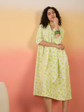 InWeave Green White Rubber Print Flared Dress | Grocsy