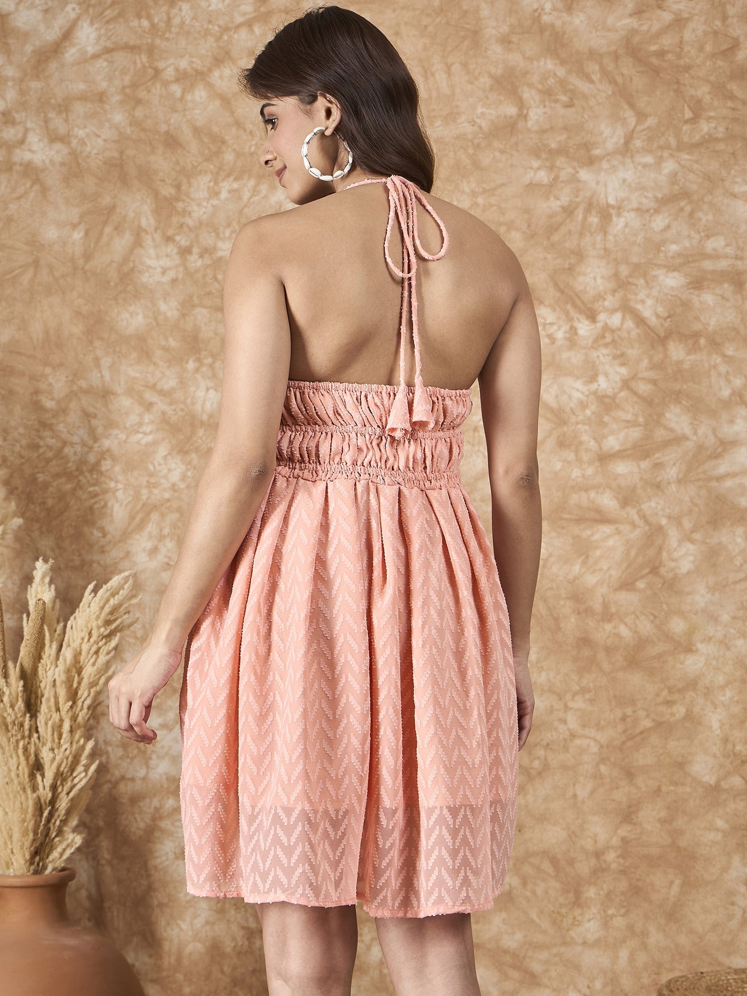 InWeave Peach Georgette Backless Dress | Grocsy