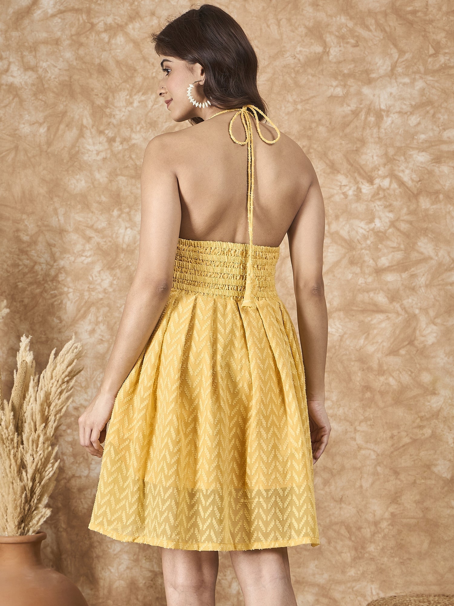 InWeave Yellow Georgette Backless Dress | Grocsy