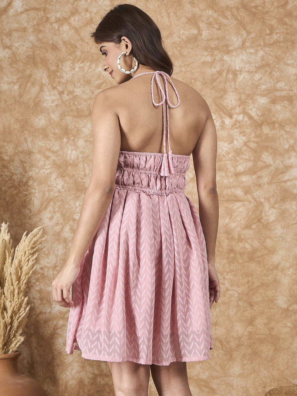 InWeave Light Pink Georgette Backless Dress | Grocsy