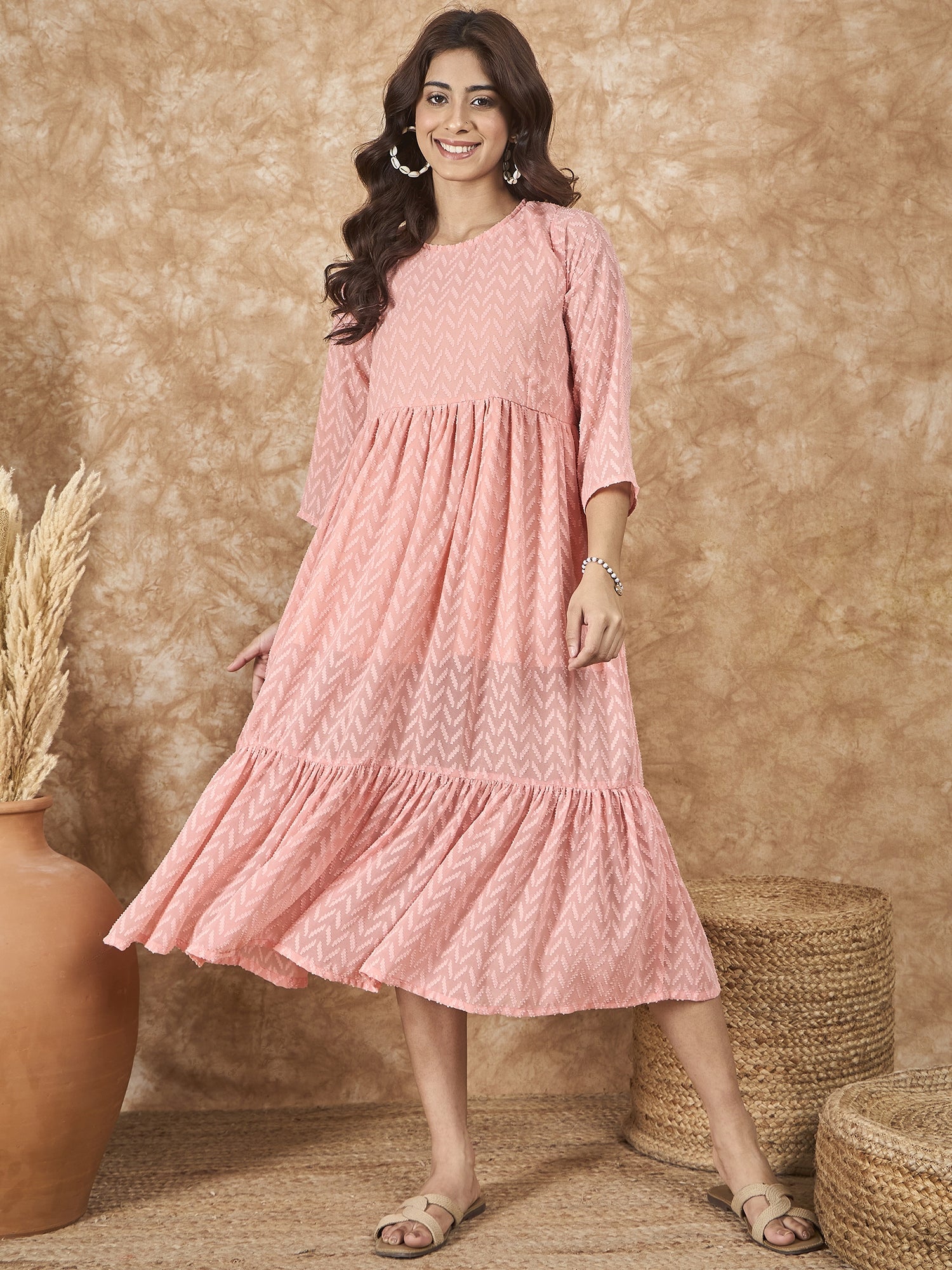InWeave Peach Georgette R Neck Dress | Grocsy