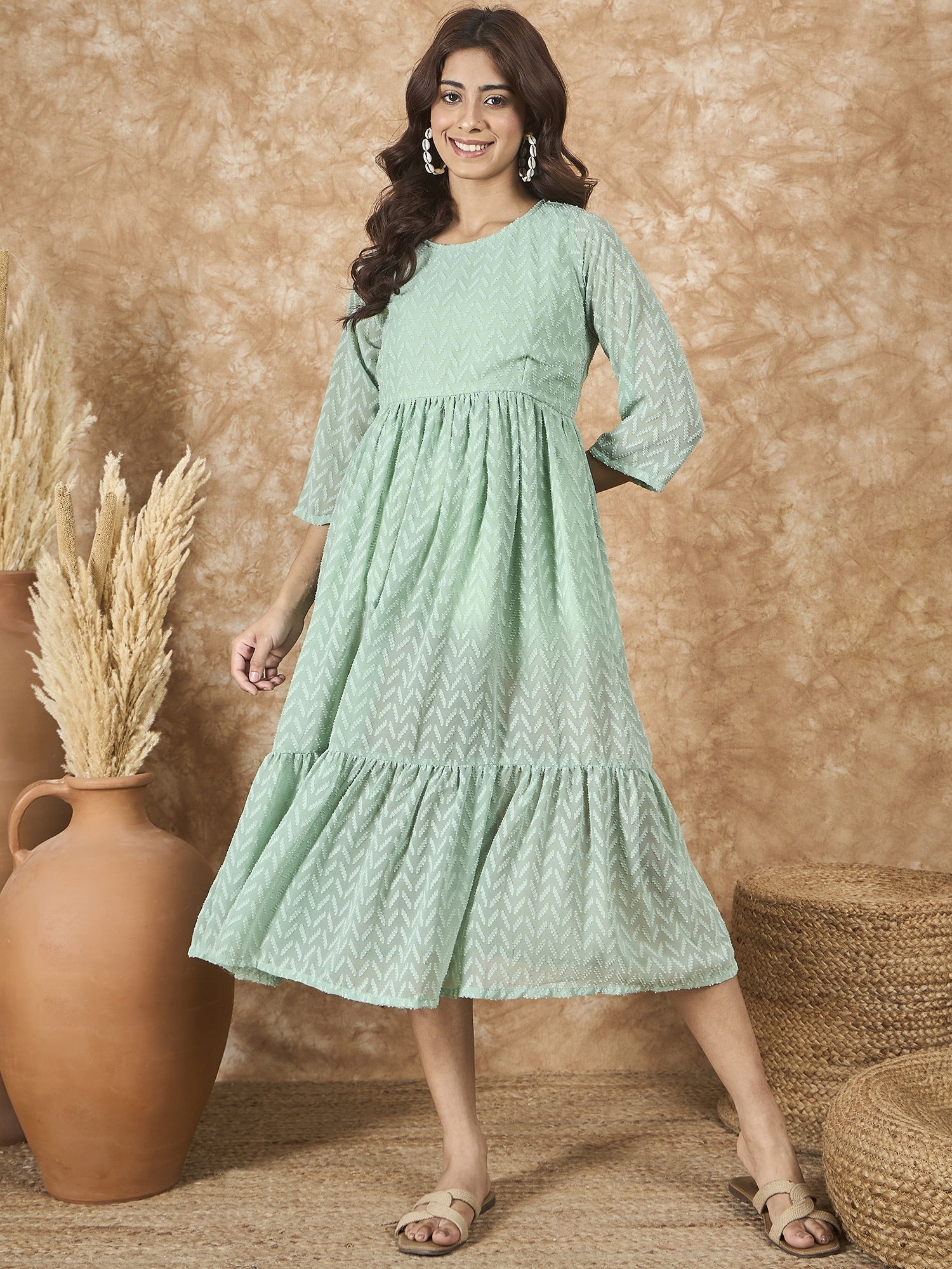 InWeave Mint Green Georgette R Neck Dress | Grocsy
