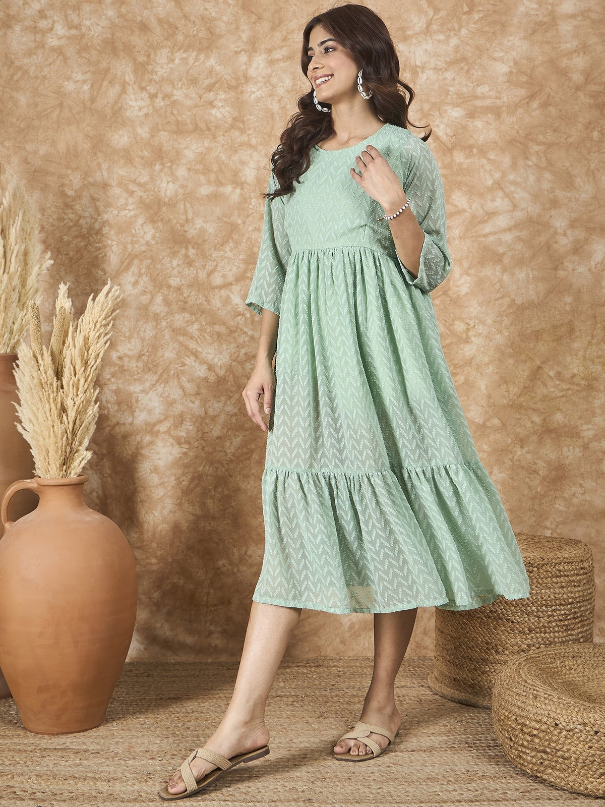 InWeave Mint Green Georgette R Neck Dress | Grocsy