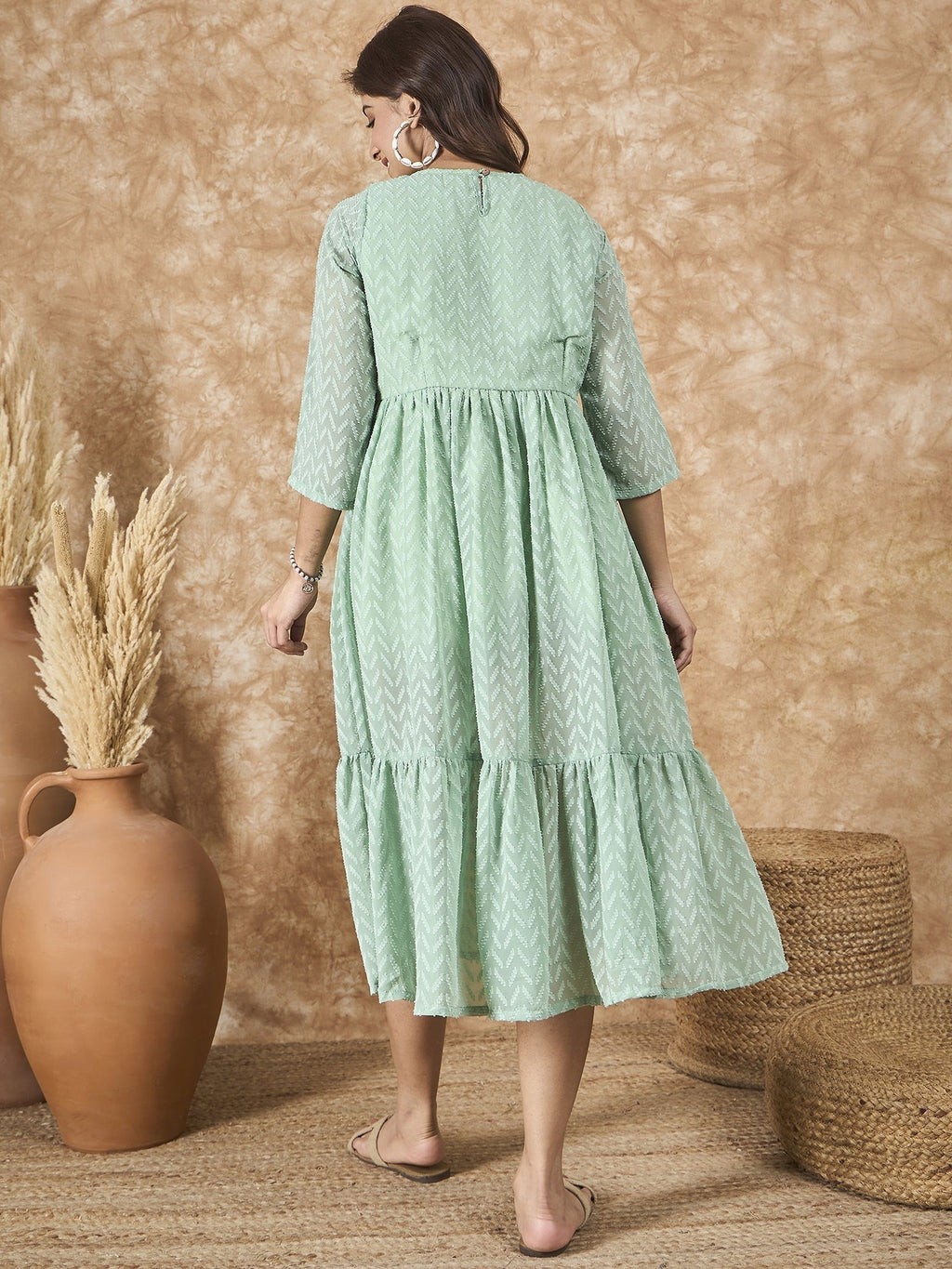 InWeave Mint Green Georgette R Neck Dress | Grocsy