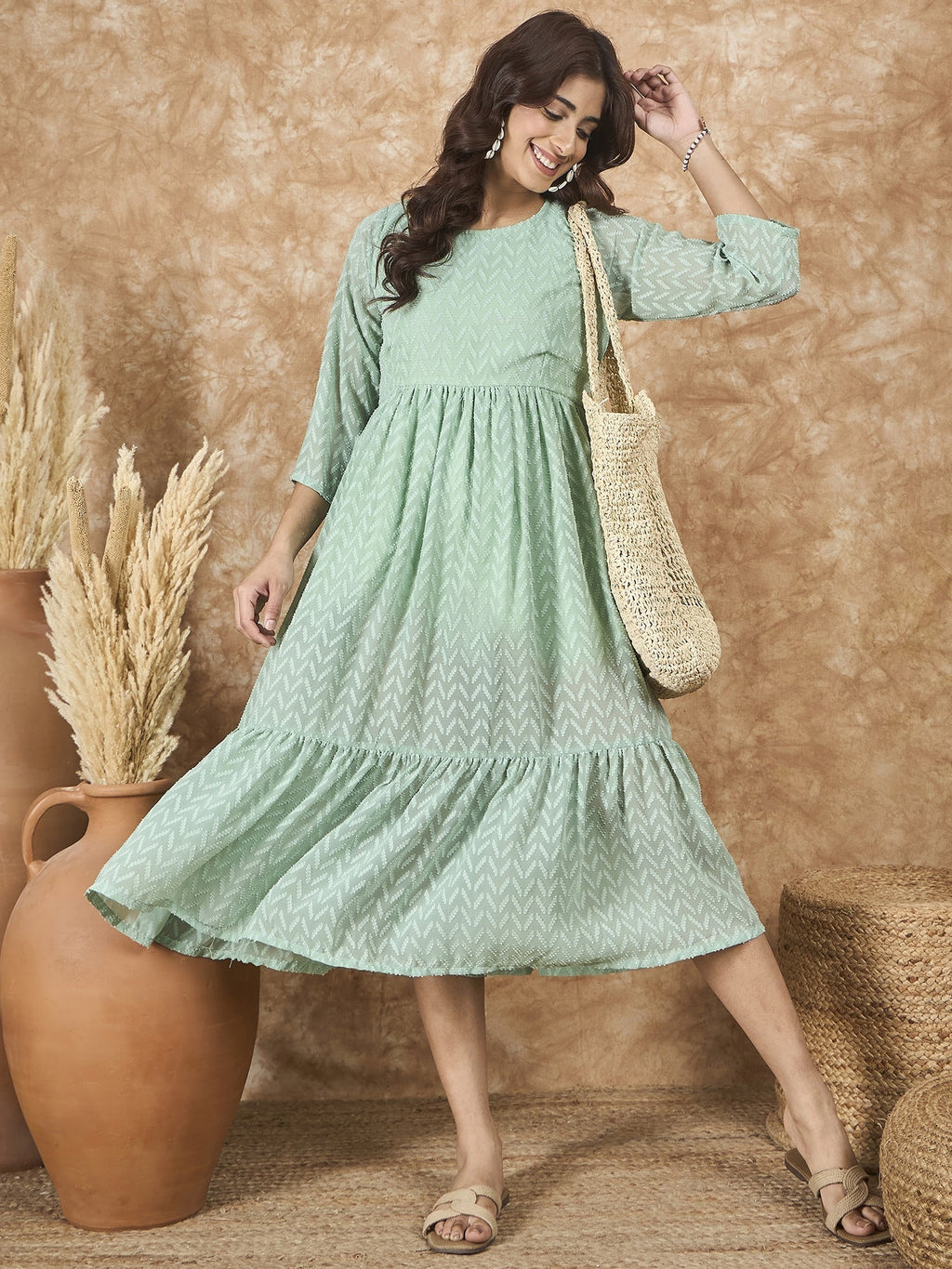 InWeave Mint Green Georgette R Neck Dress | Grocsy