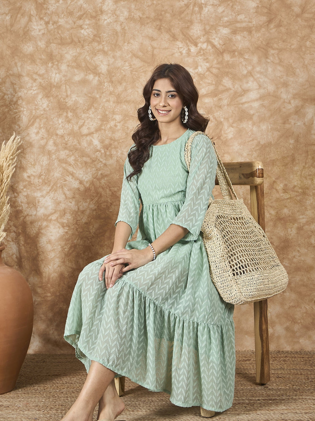 InWeave Mint Green Georgette R Neck Dress | Grocsy