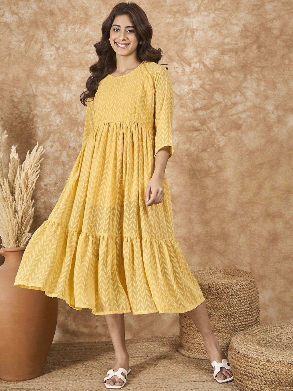 InWeave Yellow Georgette R Neck Dress | Grocsy