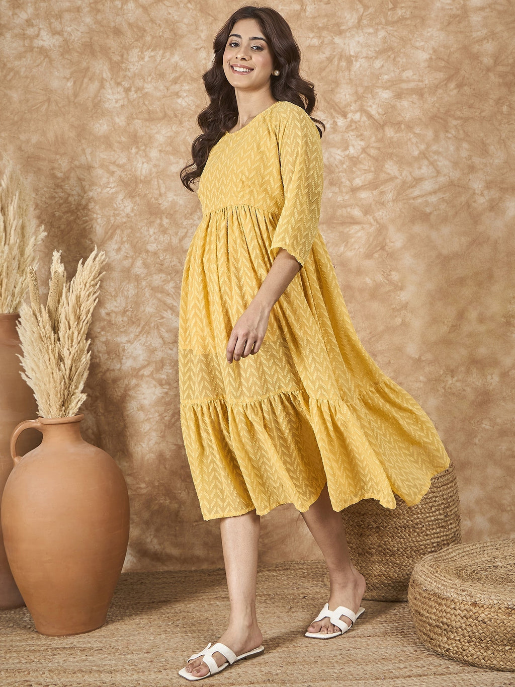 InWeave Yellow Georgette R Neck Dress | Grocsy