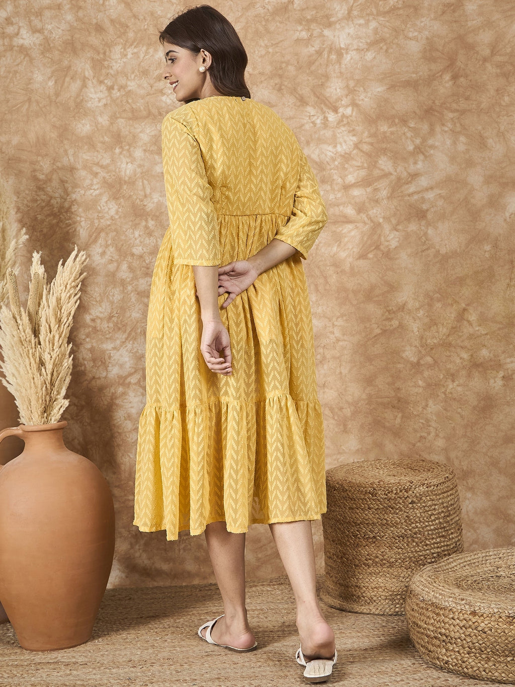 InWeave Yellow Georgette R Neck Dress | Grocsy